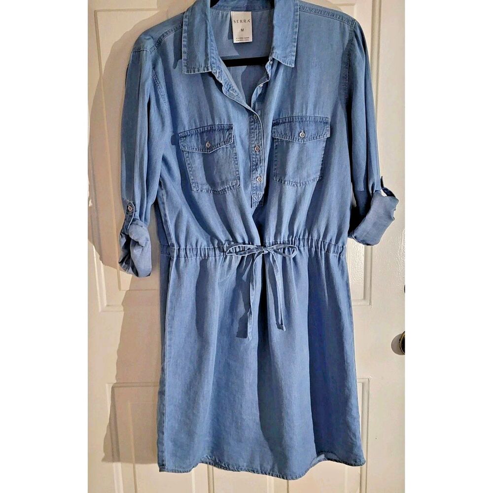 SERRA Shirt Dress Size Large L Chambray Blue Roll Tab Sleeve Cotton Denim